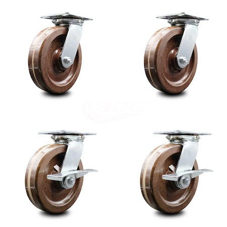 Service Caster 8 Inch High Temp Phenolic Swivel Caster Set with Roller Bearings 2 Brakes SCC SCC-35S820-PHRHT-2-SLB-2